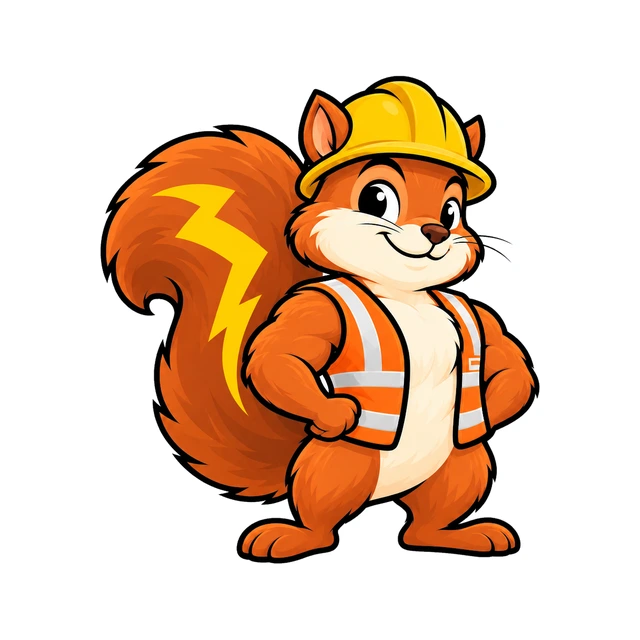 Chief, the ZipChief squirrel, in a hard hat and safety vest